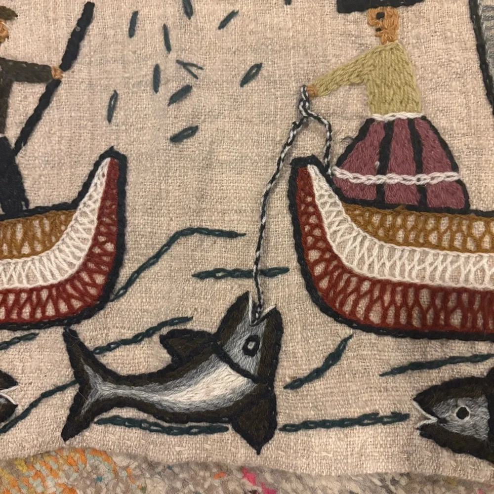 Vintage Folk Art Embroidery Peruvian Wall Tapestry Peru Artisan Fishing Dancing